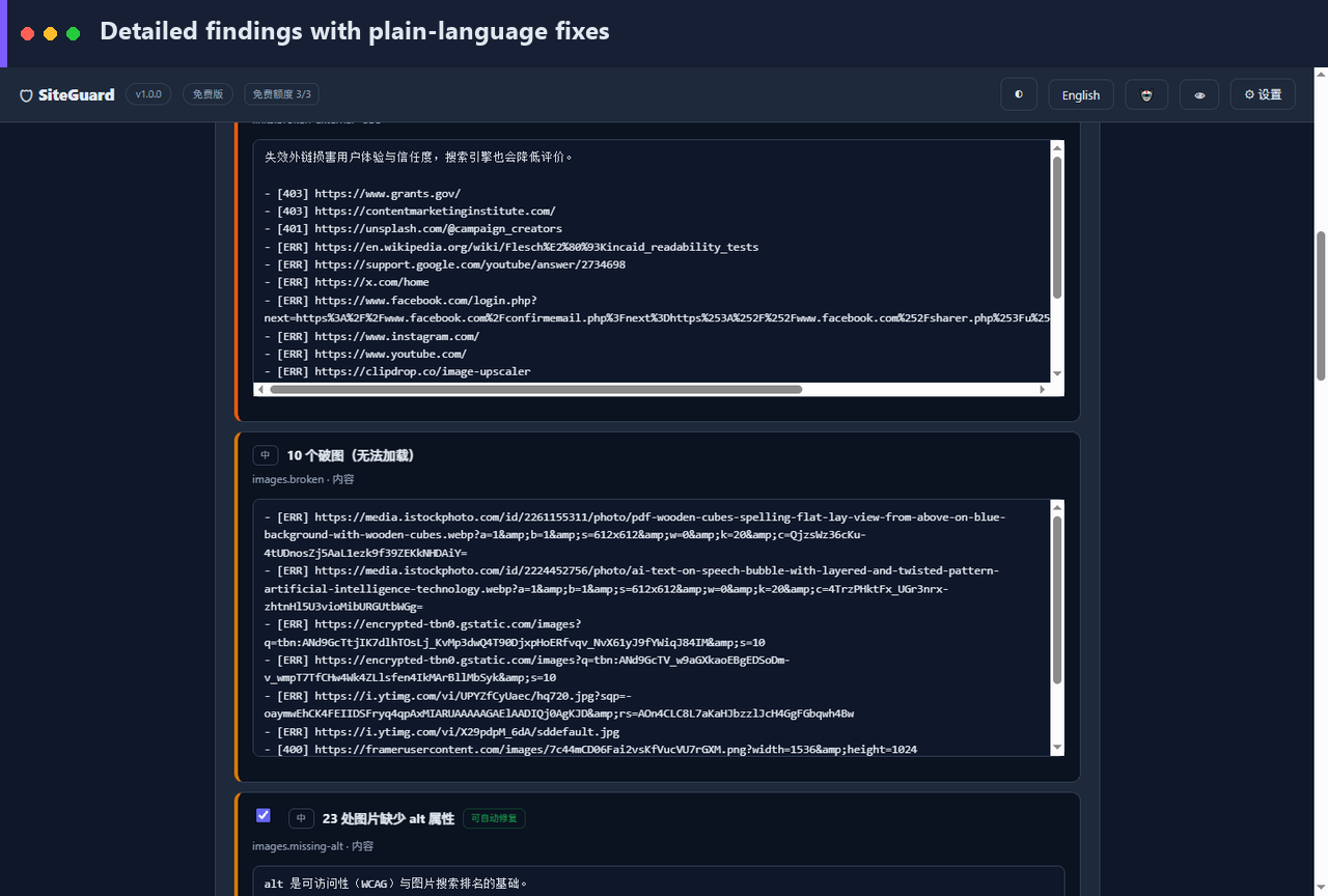 Detailed findings in plain language — SiteGuard