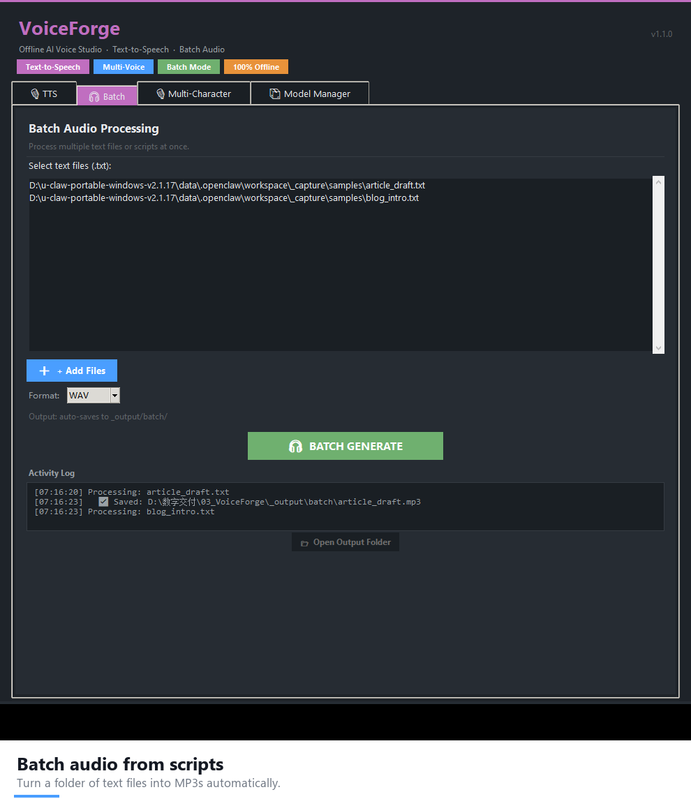 Batch audio from scripts — VoiceForge