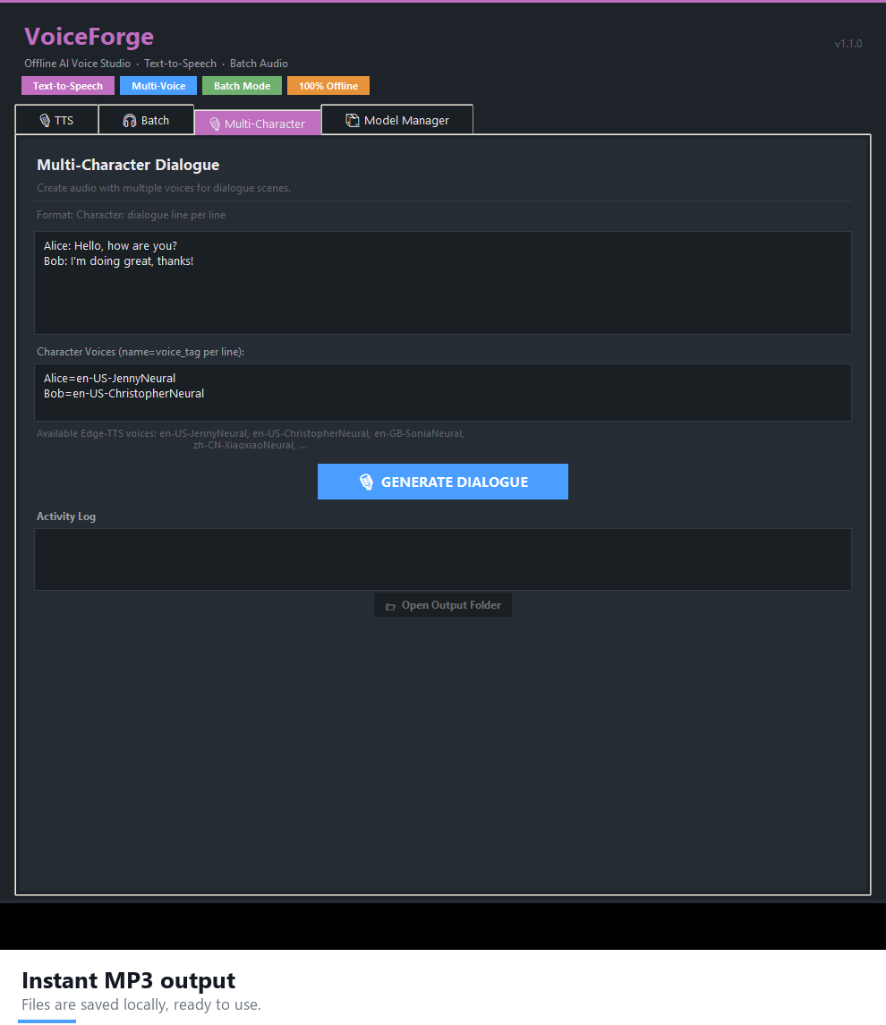 Instant MP3 output — VoiceForge